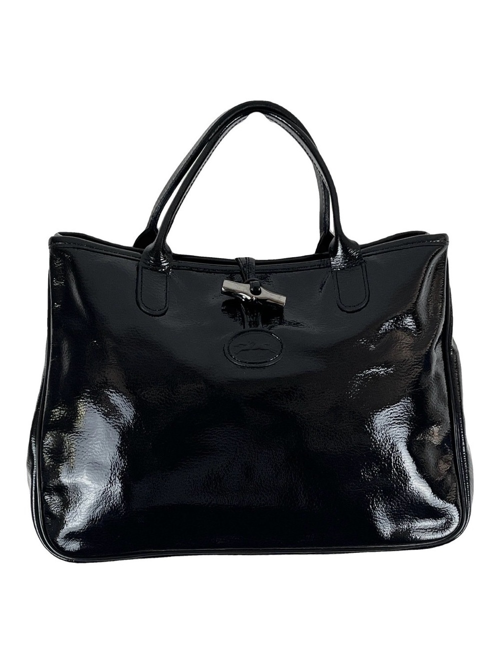 RARE Vintage Longchamp Roseau Black Patent Leather Tote Bag | Bamboo Gunmetal